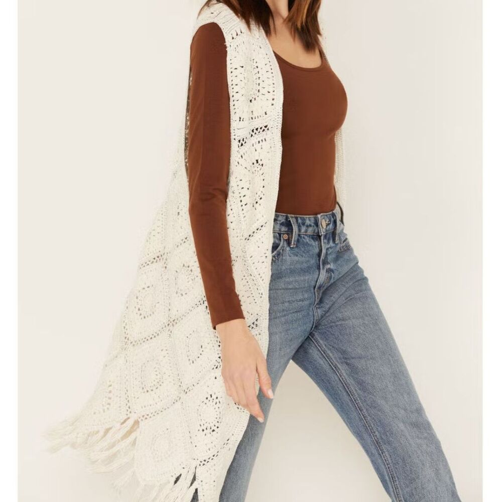 Shyanne Crochet Fringe Vest Women's L XL Open Front Duster Boho Western